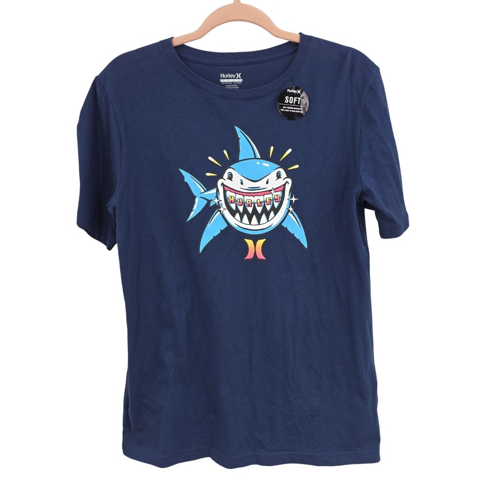 Hurley Shirt Boys XL 13-15 Yrs Blue Shark Graphic Surf Beach Cotton Tee‎
